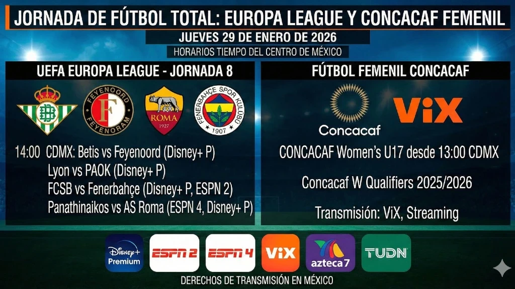 ¡Fútbol HOY, 29 de Enero de 2026! Europa League y Concacaf Femenil: Horarios y Canales en Vivo para México. ¡No te pierdas ningún partido!