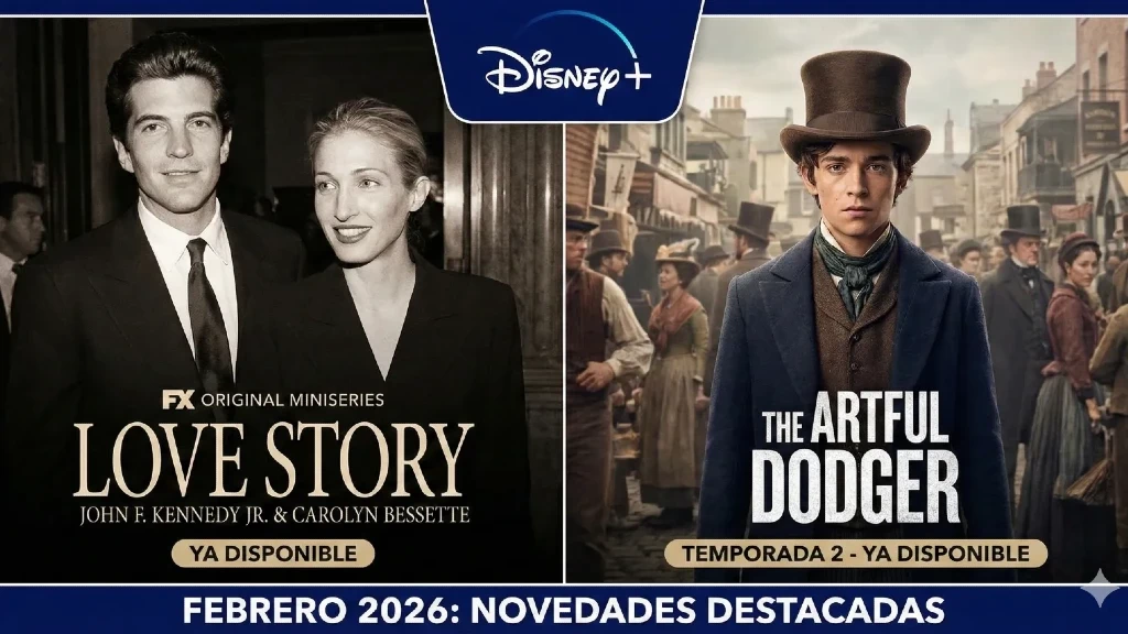 Disney Plus Impulsa Febrero 2026: 'Love Story: John F. Kennedy Jr. & Carolyn Bessette' y 'The Artful Dodger' T2 Confirman su Éxito en la Plataforma de Streaming